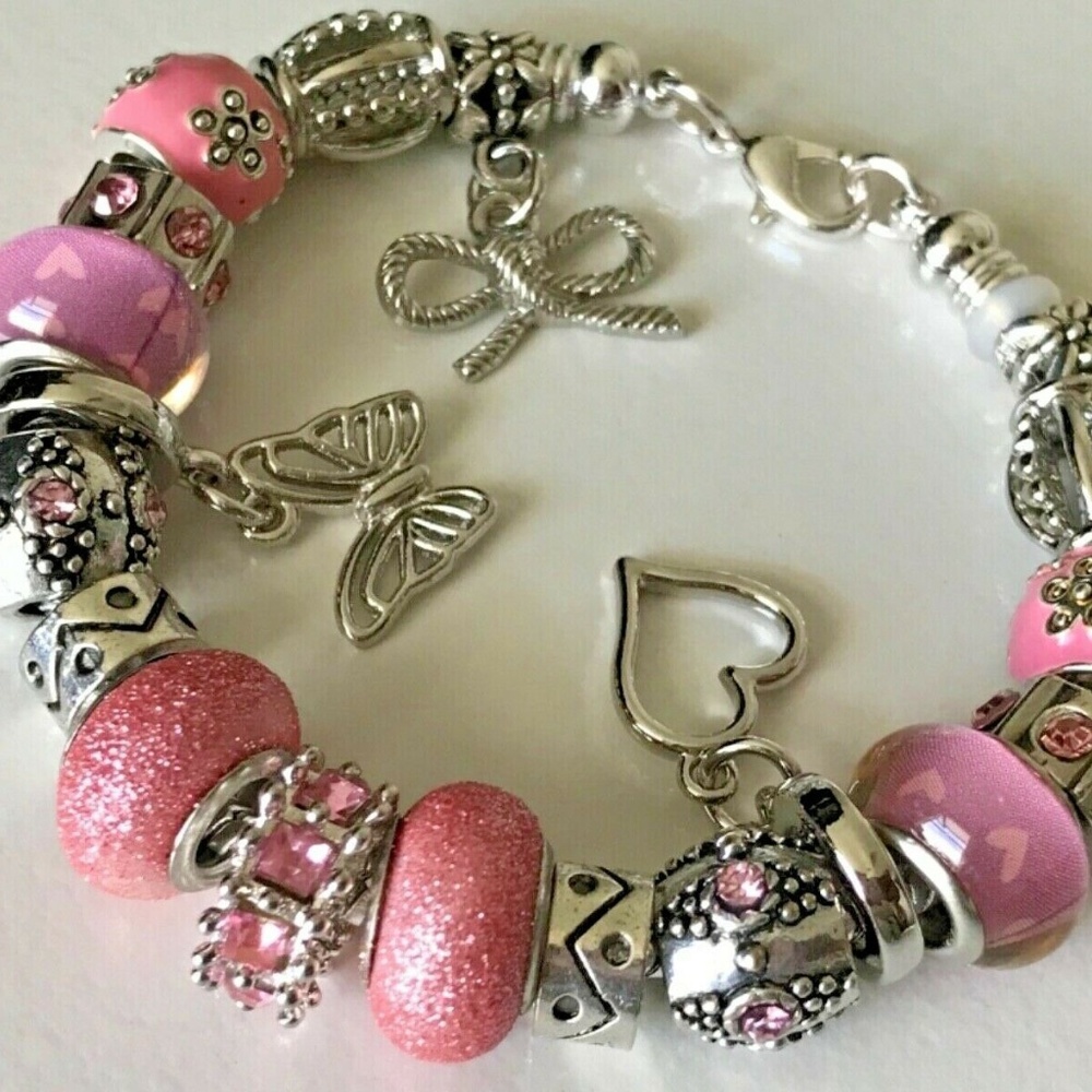 European Style Snake Chain Silver Plated Bracelet with Beads, Lobster Clasp,7.5"
